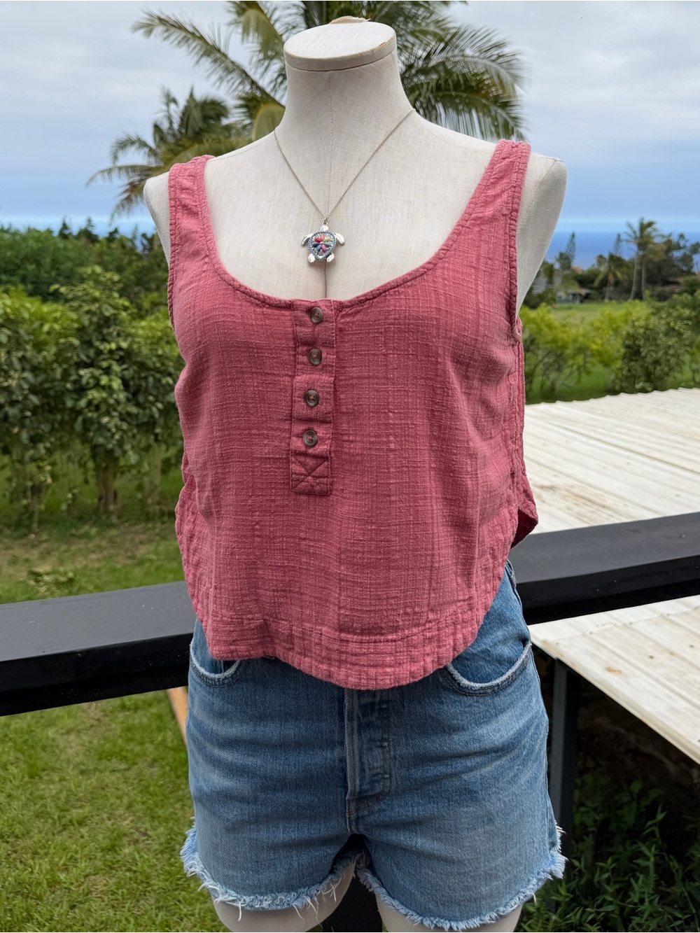Rip Curl Dusty Rose Crinkle Gauze Tank Top Medium Button Front Cropped